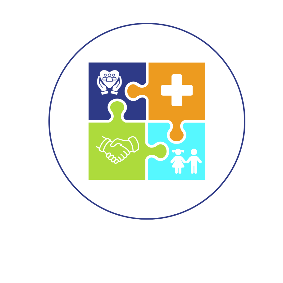 Icône représentant un puzzle avec des symboles de soins, de collaboration et de famille.