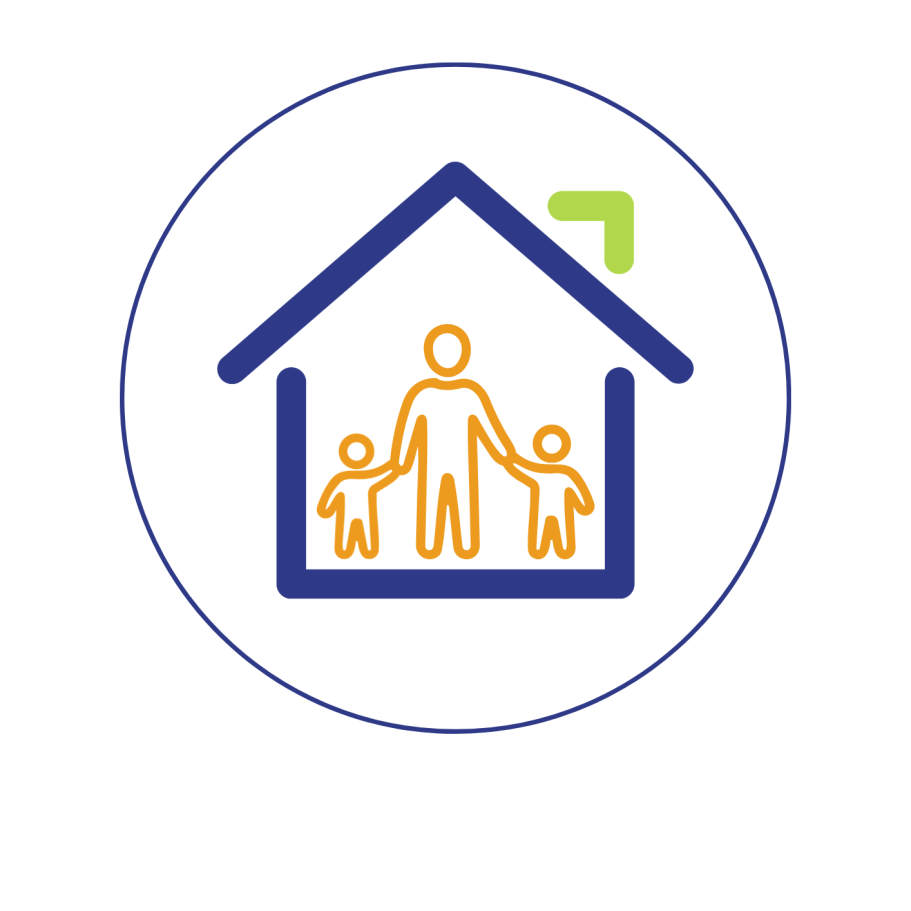 Icône d'une maison avec une figure adulte tenant deux enfants par la main.