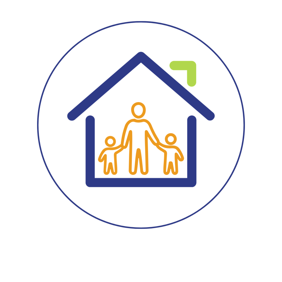 Icône d'une maison avec une figure adulte tenant deux enfants par la main.